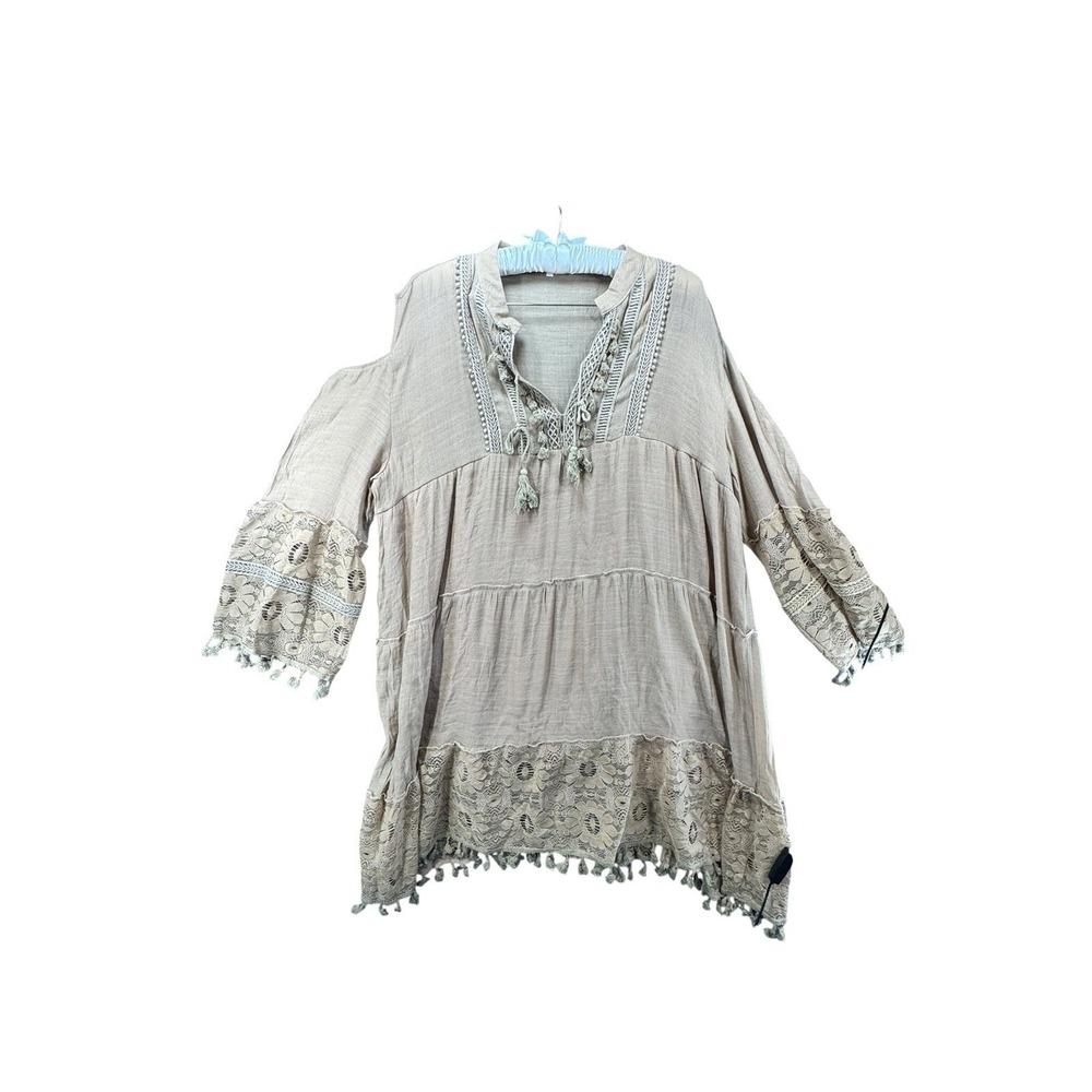 Boho Lace Trim Cold Shoulder Tunic Dress Tassel Beige Plus Size 5XL Cottage
